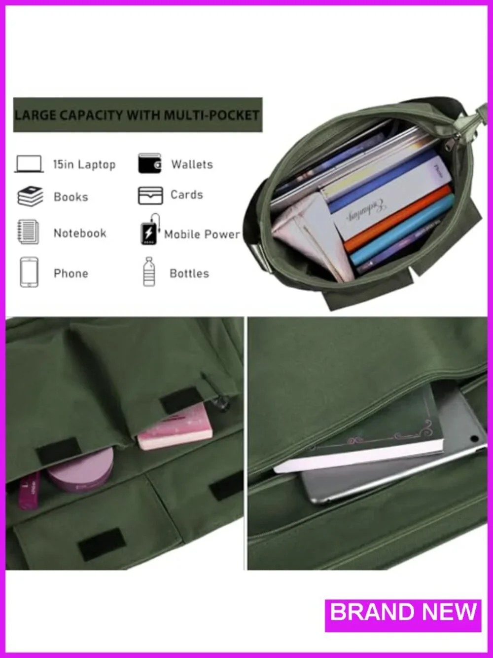 Large Canvas Messenger Bag Crossbody Shoulder Tote with Adjustable Strap and